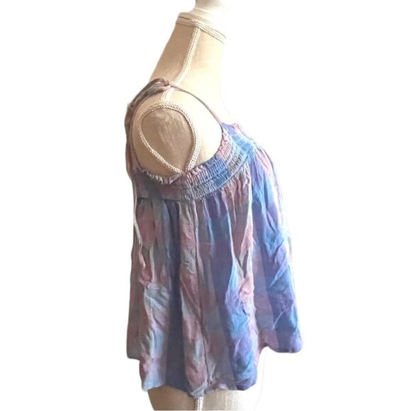 Loft | EUC Women’s Loft XS Pink Blue Plaid Smocked Tie Shoulder Cami Tank Top - Picture 3 of 7